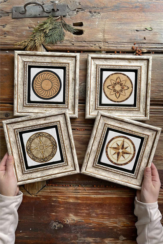 Framed Stone Painting Wall Decoration 8" x 8" Set of 4 Compass Pattern Set