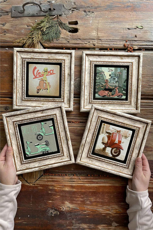 Framed Stone Painting Wall Decoration 8" x 8" Set of 4