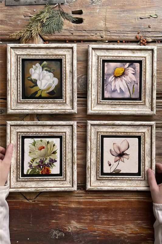 Framed Stone Painting Wall Decoration 8" x 8" Set of 4 Flower Set Flower Set