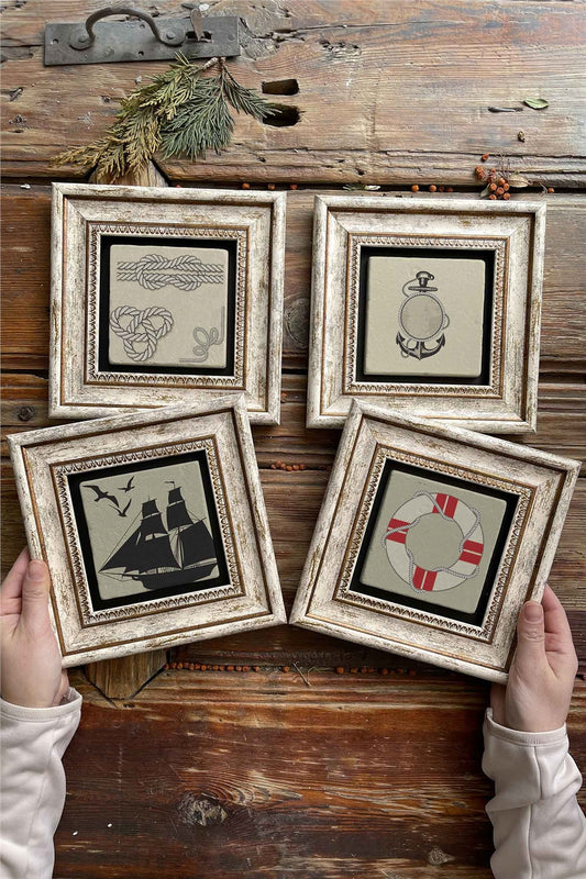 Framed Stone Painting Wall Decoration 8" x 8" Set of 4 Sailor Set