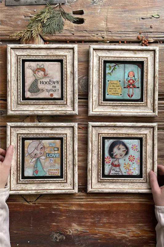 Framed Stone Painting Wall Decoration 8" x 8" Set of 4