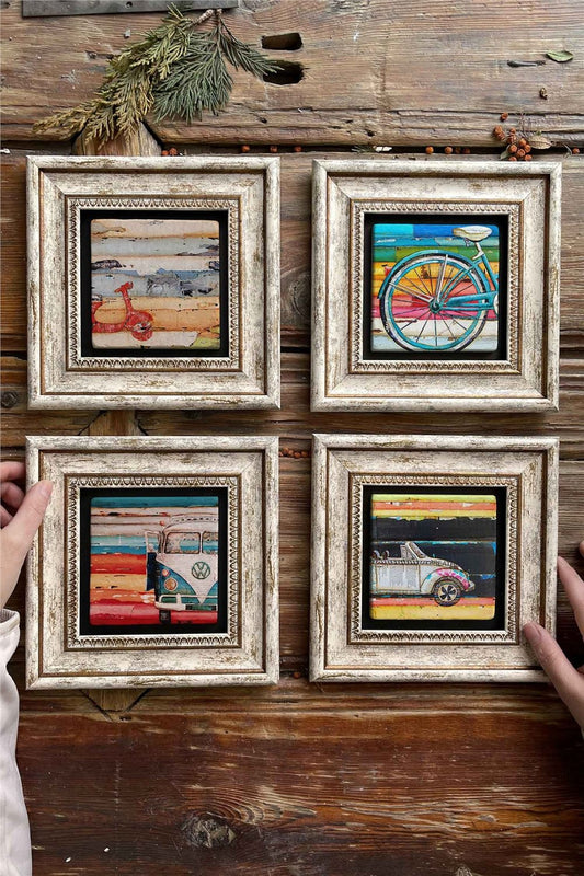 Framed Stone Painting Wall Decoration 8" x 8" Set of 4 Bicycle Vespa Vosvos