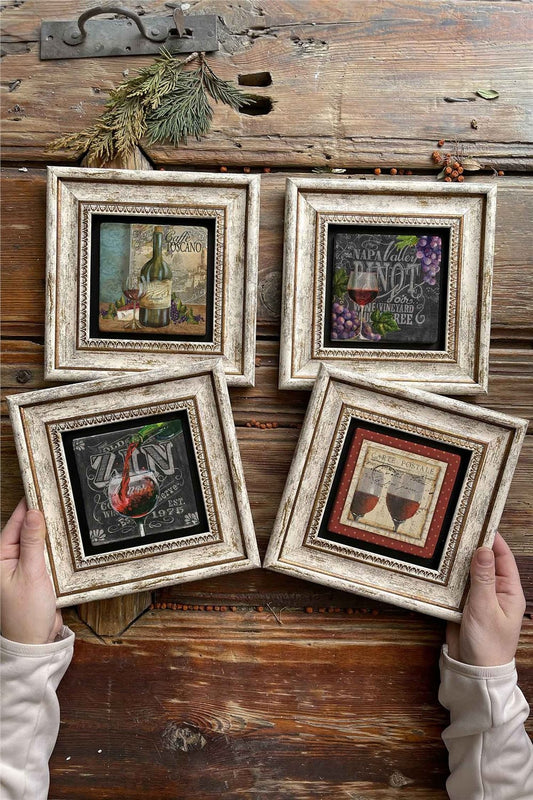 Framed Stone Painting Wall Decoration 8" x 8" Set of 4 Toscano Set