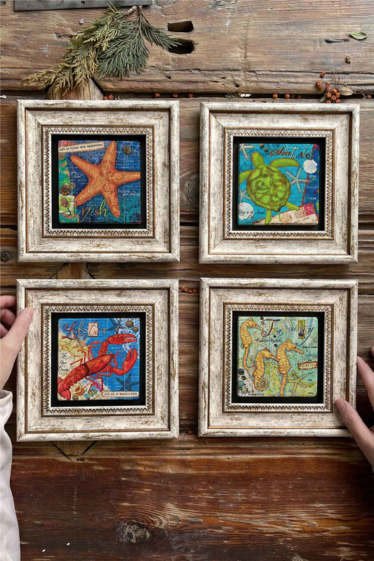 Framed Stone Painting Wall Decoration 8" x 8" Set of 4