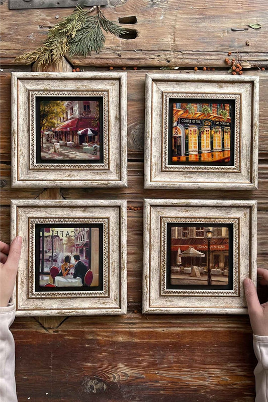 Framed Stone Painting Wall Decoration 8" x 8" Set of 4 Paris Cafe Set