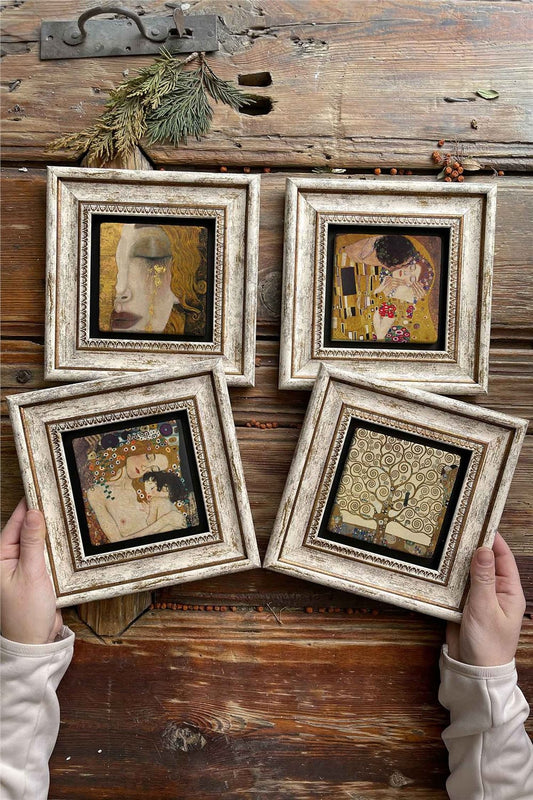 Framed Stone Painting Wall Decoration 8" x 8" Set of 4 Gustav Klimt Set