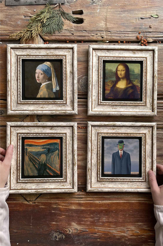 Framed Stone Painting Wall Decoration 8" x 8" Set of 4 Scream Mona Lisa with Pearl Earrings