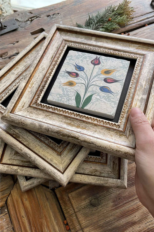 Framed Stone Painting 8" x 8" Set of 4(60-499-321-495)Whirling Dervish Ebruli Elif Ebruli