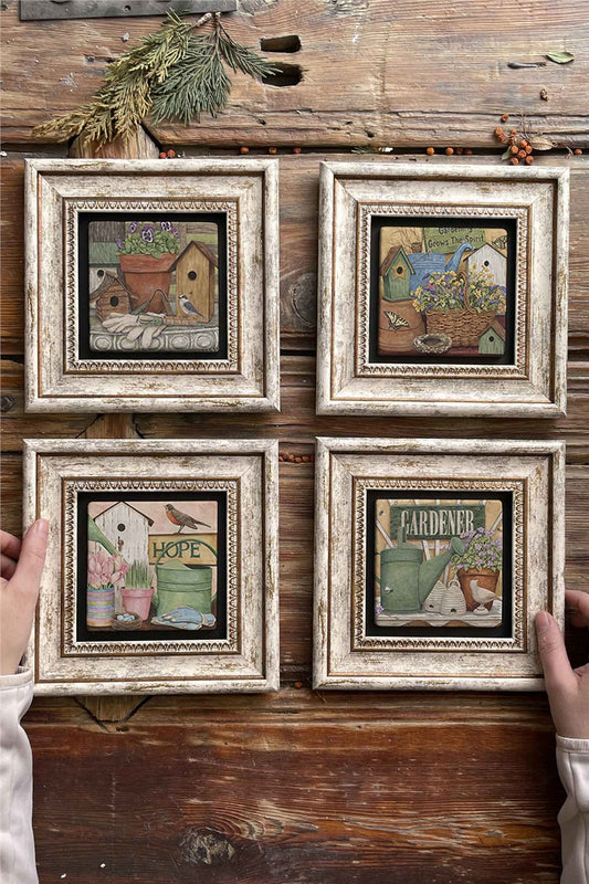 Framed Stone Painting Wall Decoration 8" x 8" Set of 4 Bird's Nest Gardener