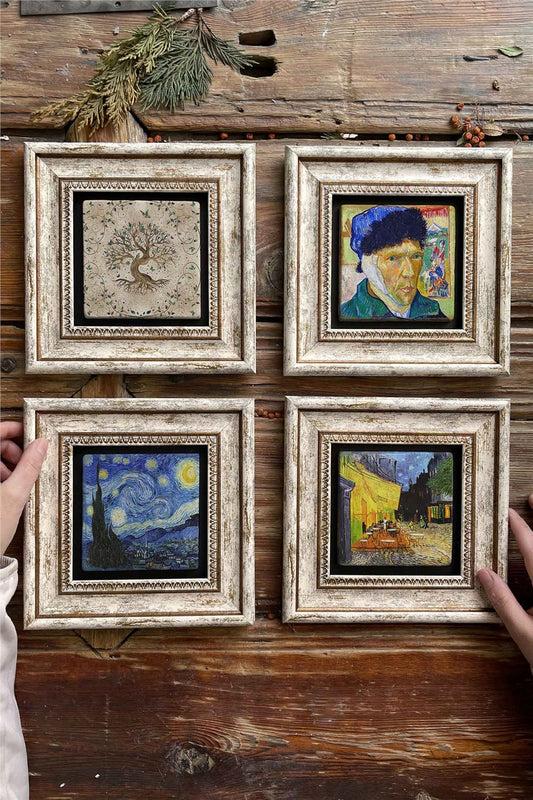Framed Stone Painting Wall Decoration 8" x 8" Set of 4 Van Gogh Paintings Tree of Life