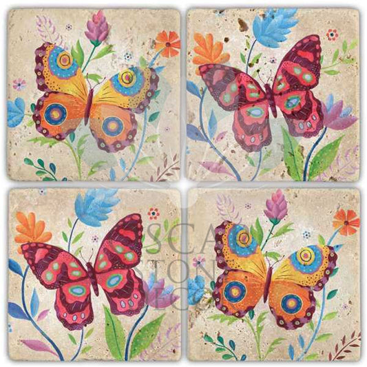 COLOR BUTTERFLY 4-Piece NATURAL STONE COASTERS / BA251 (COASTER)