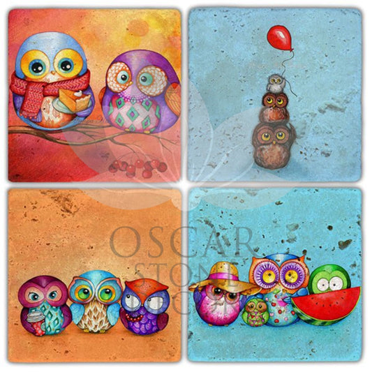 COLOR OWL 4-Piece NATURAL STONE COASTERS / BA232 (COASTER)