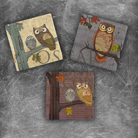 OWL ON THE BRANCH NATURAL STONE MAGNET SET / MG-011