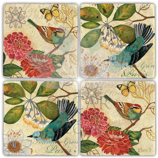 BIRDS ON THE BRANCH 4-Piece NATURAL STONE COASTERS / BA263 (COASTER)