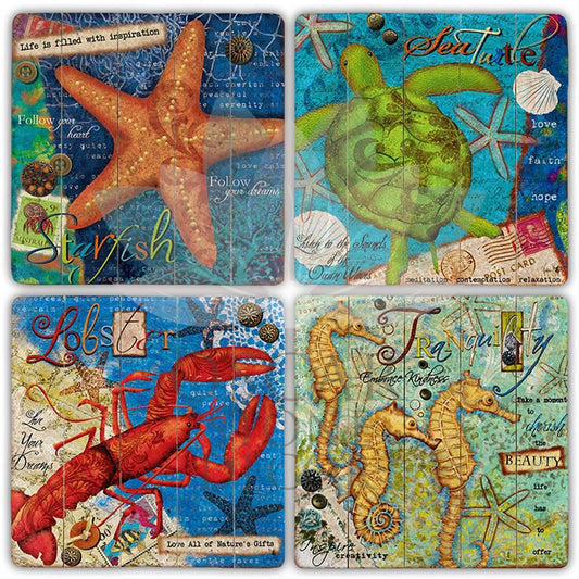 LIFE AT THE SEA 4-Piece NATURAL STONE COASTERS / BA397 (COASTER)