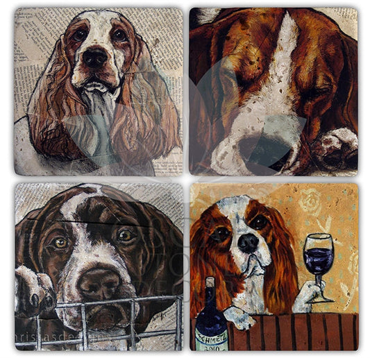 DOGS DRAWING 4-Piece NATURAL STONE COASTERS / BA118 (COASTER)