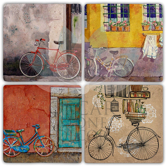 BIKE ON THE WALL 4-Piece NATURAL STONE COASTERS / BA351 (COASTER)