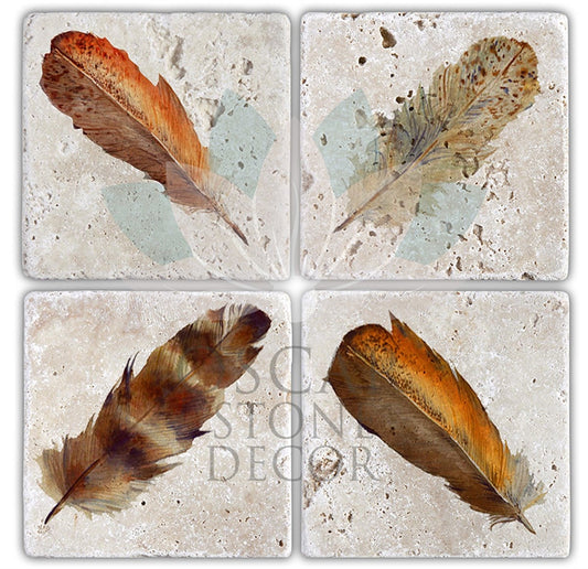 FEATHERS 4-Piece NATURAL STONE COASTERS / BA117 (COASTER)