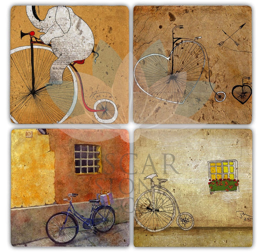 ELEPHANT IN THE BIKE 4-Piece NATURAL STONE COASTERS / BA081 (COASTER)