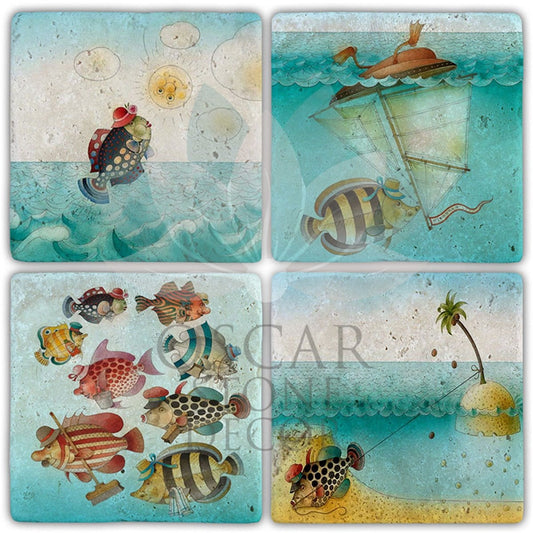 FISH WORLD 4-Piece NATURAL STONE COASTERS / BA525 (COASTER)