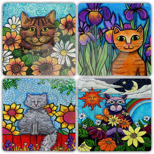 FLOWER CATS 4-Piece NATURAL STONE COASTERS / BA405 (COASTER)