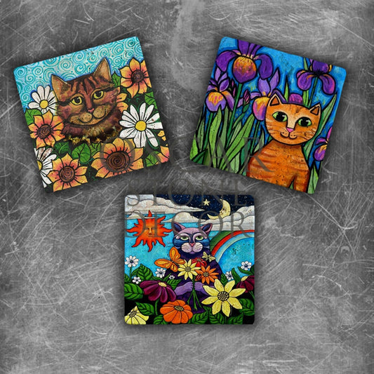 FLOWER CATS NATURAL STONE MAGNET SET / MG-089