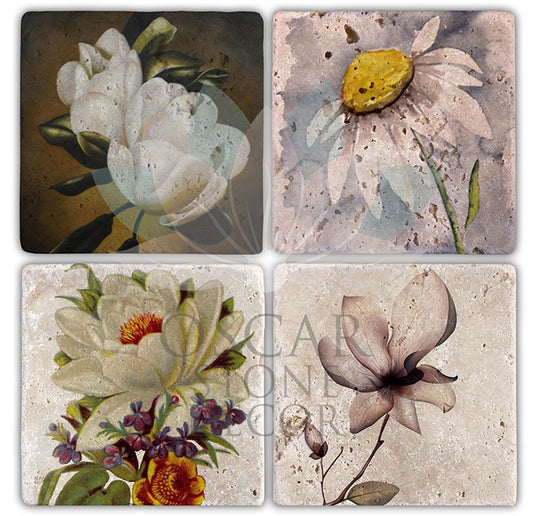 FLOWERS 2 PACK OF 4 NATURAL STONE COASTERS / BA110 (COASTER)