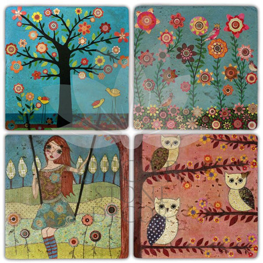 FLOWERS IN GARDEN 4-Piece NATURAL STONE COASTERS / BA314 (COASTER)