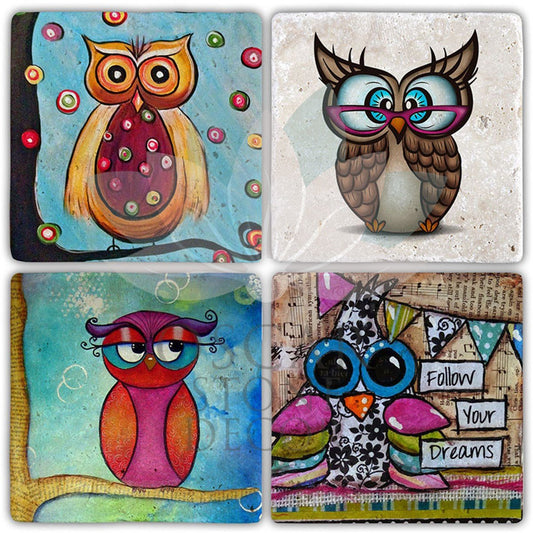 FOLLOW OWLS 4-Piece NATURAL STONE COASTERS / BA505 (COASTER)