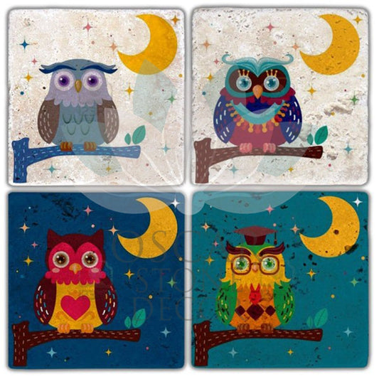 NIGHT Owl 4-Piece NATURAL STONE COASTERS / BA224 (COASTER)