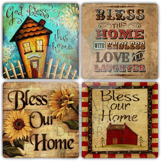 GOD BLESS THIS HOME 4-Piece NATURAL STONE COASTERS / BA420 (COASTER)