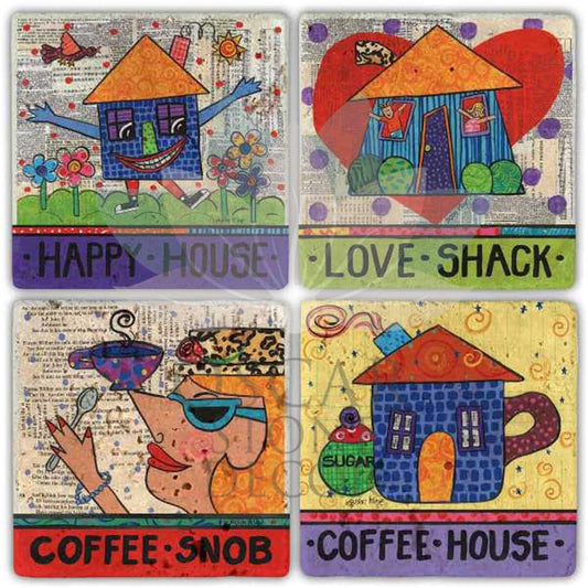 HAPPY HOUSE 4-Piece NATURAL STONE COASTERS / BA296 (COASTER)