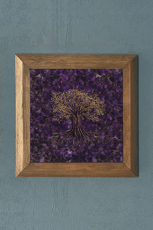 Tree of Life Solid Wooden Framed Stone Painting -Wall Decoration-11" x 11"