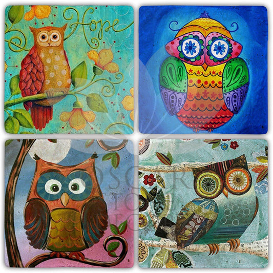 HOPE OF OWL 4-Piece NATURAL STONE COASTERS / BA429 (COASTER)