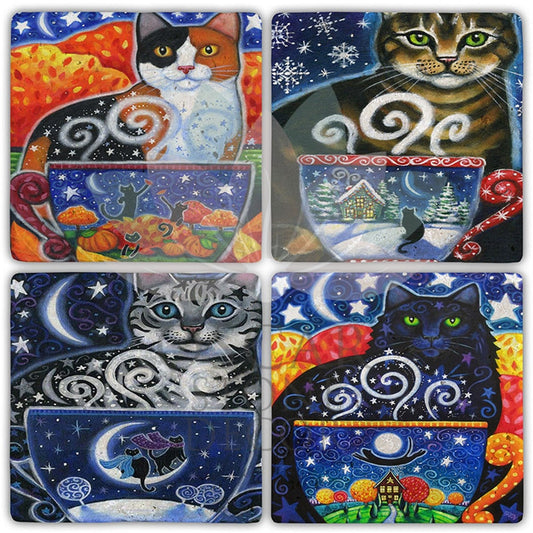 CAT CUP 4-Piece NATURAL STONE COASTERS / BA513 (COASTER)