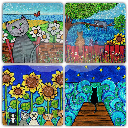 CAT DREAM 4-Piece NATURAL STONE COASTERS / BA366 (COASTER)