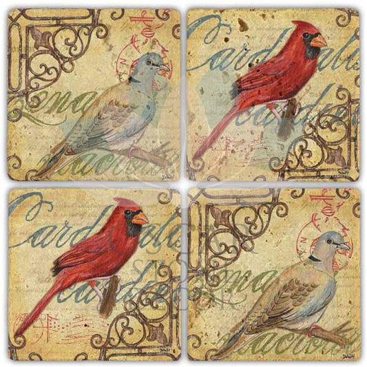 RED BIRD 4-Piece NATURAL STONE COASTERS / BA260 (COASTER)