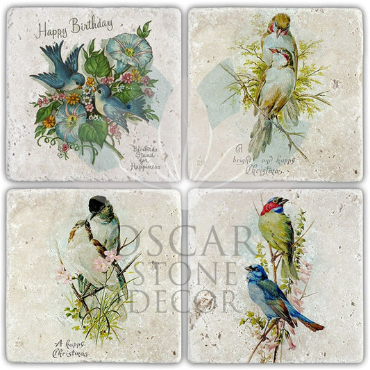BIRD LOVE 4-Piece NATURAL STONE COASTERS / BA406 (COASTER)