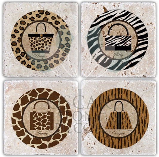 LEATHER BAG 4-Piece NATURAL STONE COASTERS / BA053 (COASTER)