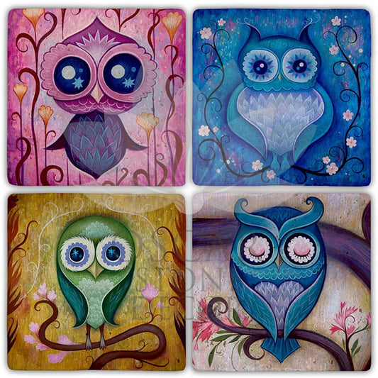 LOVE OWLS 4-Piece NATURAL STONE COASTERS / BA414 (COASTER)