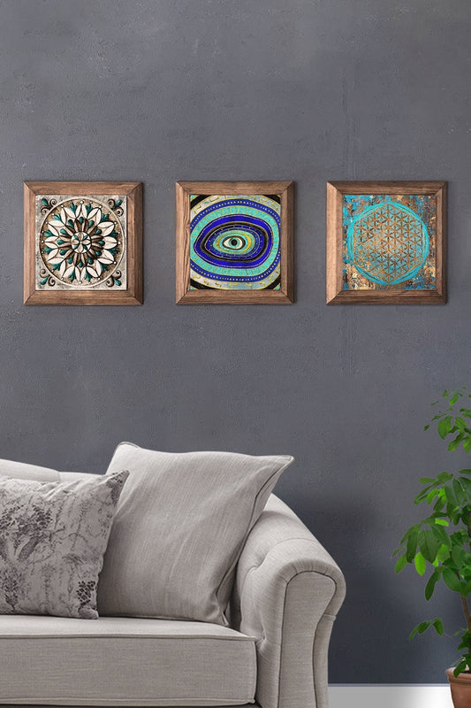 Solid (Wooden) Framed Set of 3 Stone Painting Panel 11" x 11" Flower of Life Evil Eye