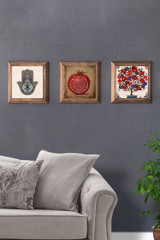 Solid (Wooden) Framed Set of 3 Stone Painting Panel 11" x 11" Fatma Ana Pomegranate Tree