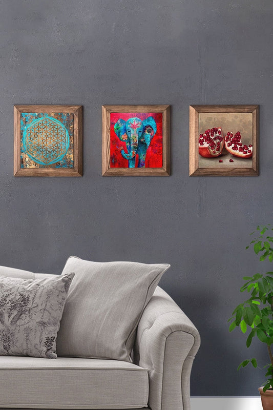 Solid (Wooden) Framed Set of 3 Stone Painting Panel 11" x 11" Pomegranate Flower of Life Pomegranate