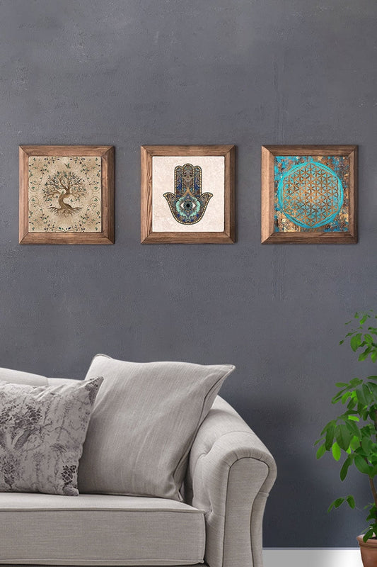 Solid (Wooden) Framed Set of 3 Stone Painting Panel 11" x 11" Flower of Life Tree of Life