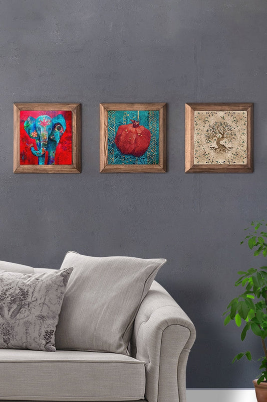 Solid (Wooden) Framed Set of 3 Stone Painting Panel 11" x 11" Elephant Pomegranate Tree of Life