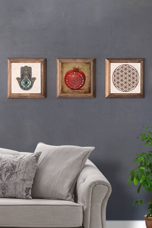 Solid (Wooden) Framed Set of 3 Stone Painting Panel 11" x 11" Pomegranate Prayer Fatima Mother's Hand