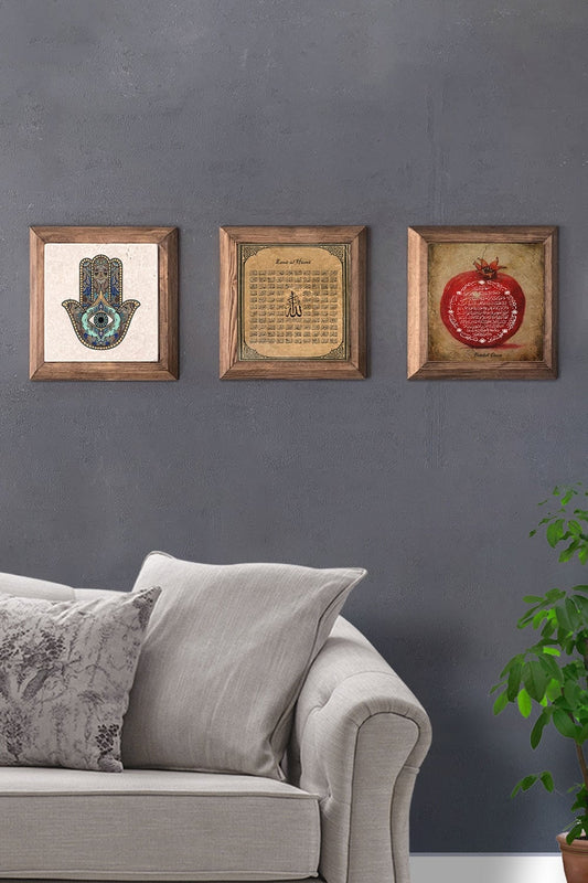 Solid (Wooden) Framed Set of 3 Stone Painting Panel 11" x 11" Fatma Esmaül Hüsna Nar