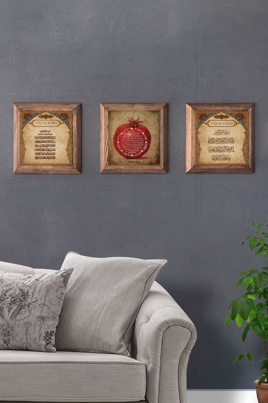 Solid (Wooden) Framed Set of 3 Stone Painting Panel 11" x 11" Ayetel Evil Eye Prayer Pomegranate