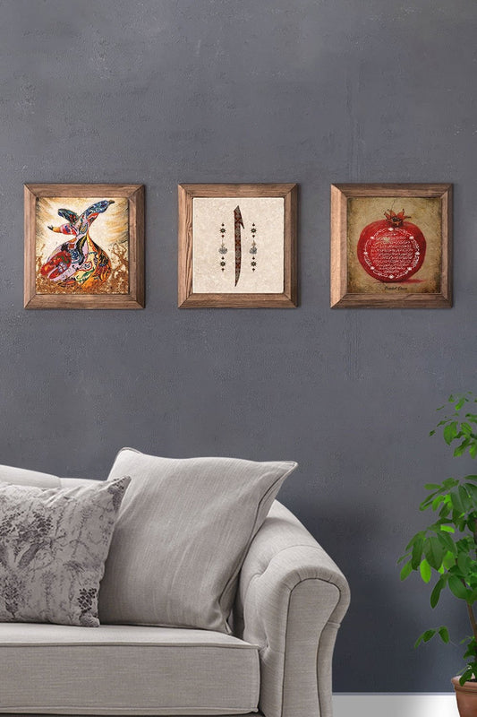 Solid (Wooden) Framed Set of 3 Stone Painting Panel 11" x 11" Whirling Dervish Elif Nar Prayer