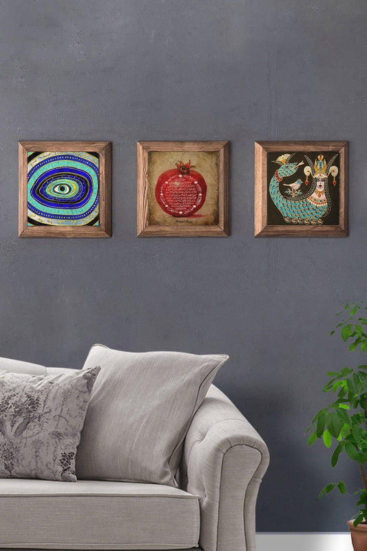 Solid (Wooden) Framed Set of 3 Stone Painting Panel 11" x 11" Evil Eye Pomegranate Shahmeran